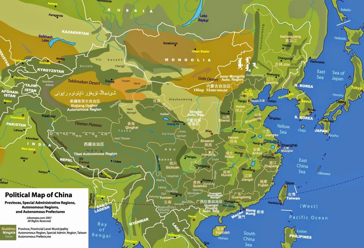 fysisk geografi kart over Kina