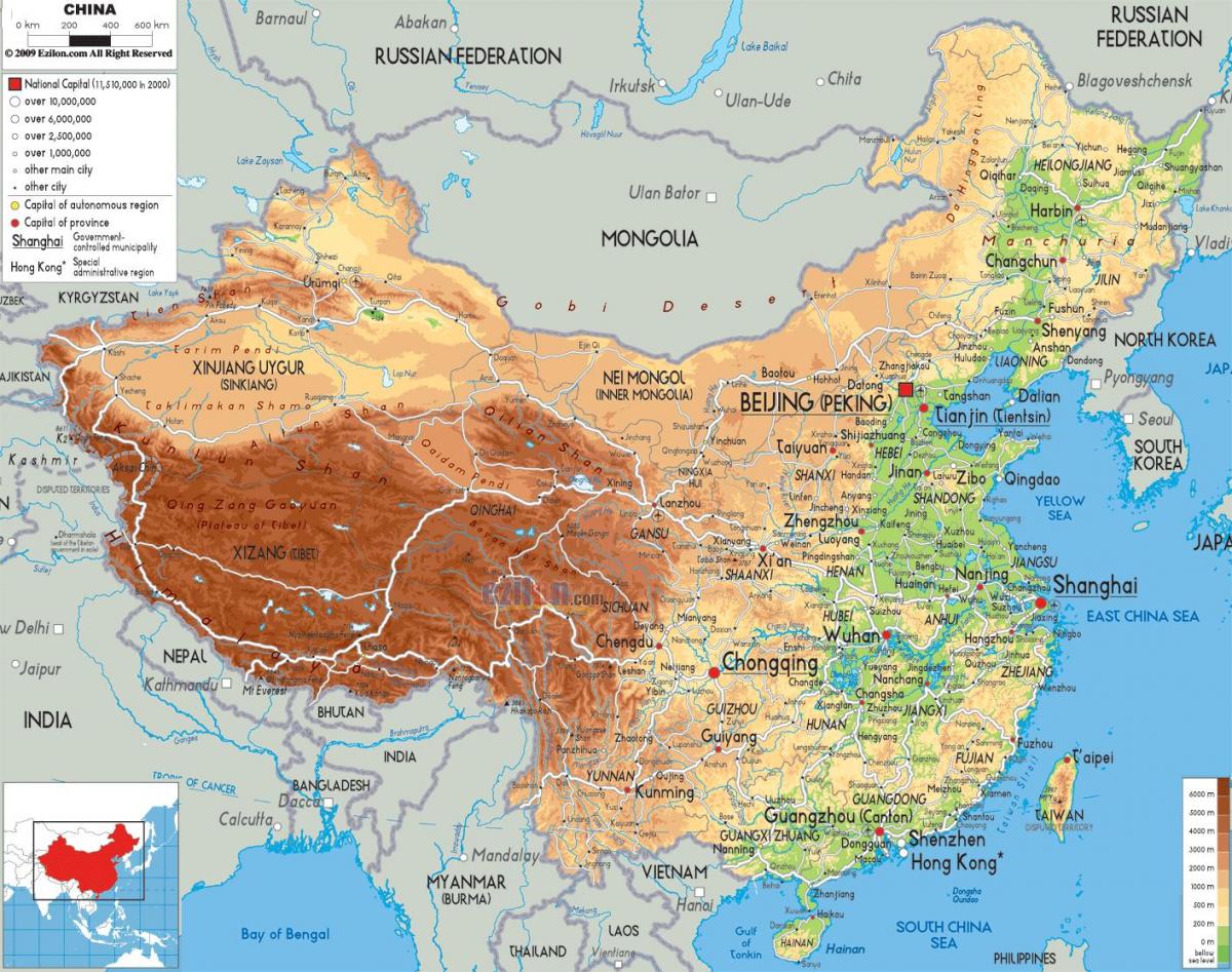 fysisk kart Kina