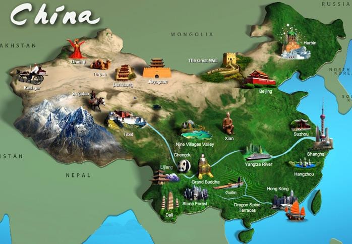 kart over Kina turistattraksjoner